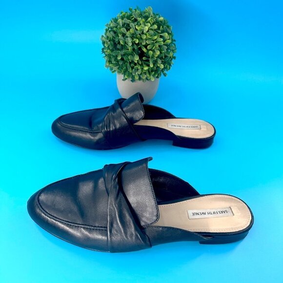 SAKS FIFTH AVENUE FABIA BLACK LEATHER MULE FLATS w/ ORIG. BOX - 10M - Picture 7 of 13